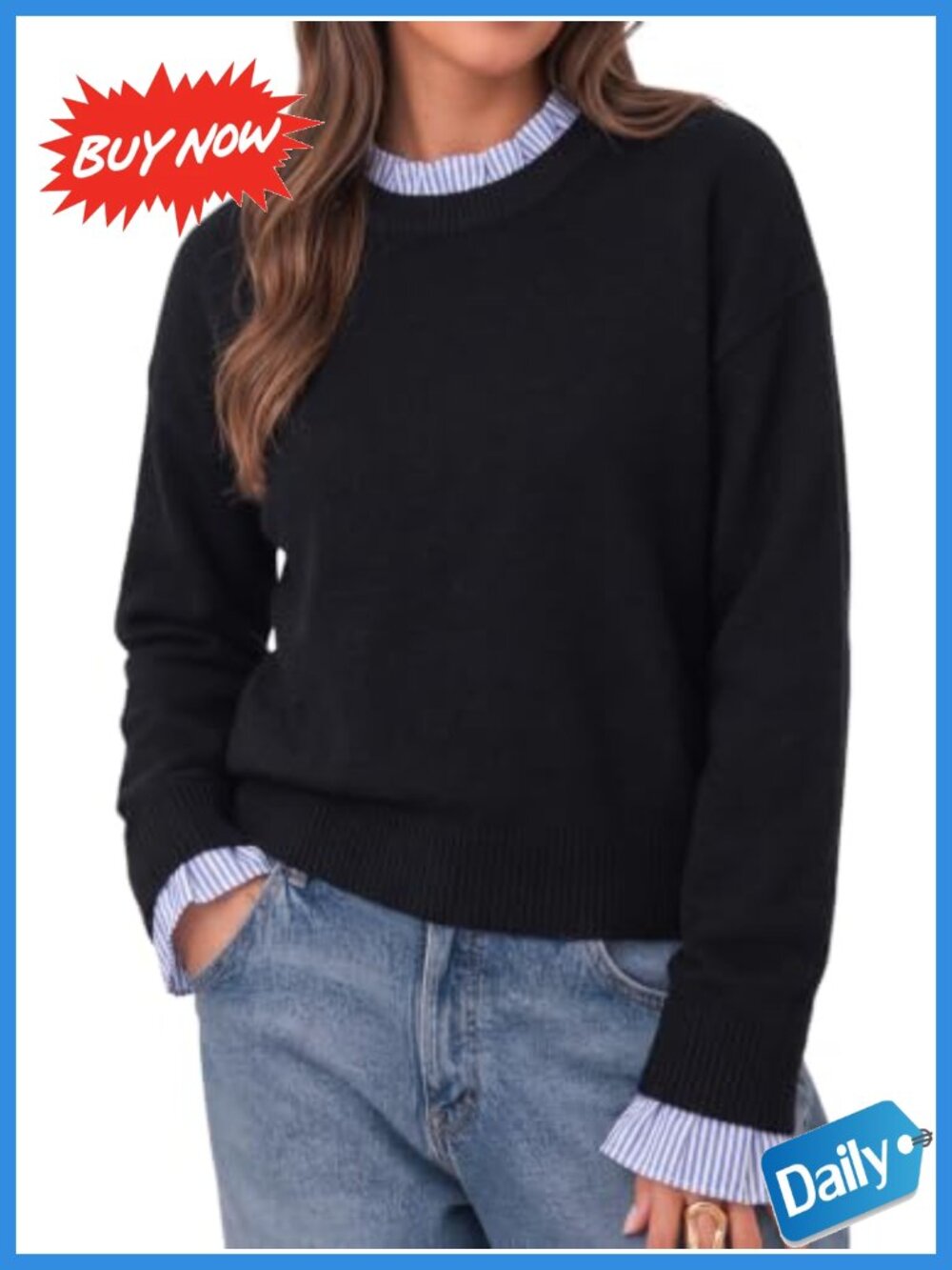 Womens Long Sleeve Ruffle Crew Neck Patchwork Knit Pullover Sweater